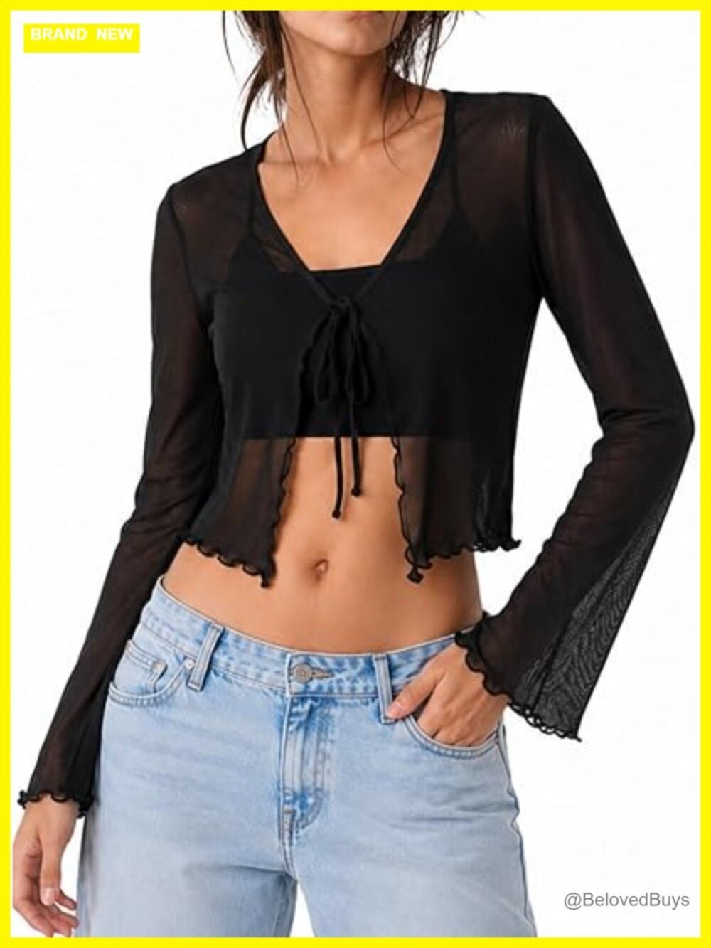 Sheer Bell Sleeve Crop Cardigan with Tie Front Lettuce Trim